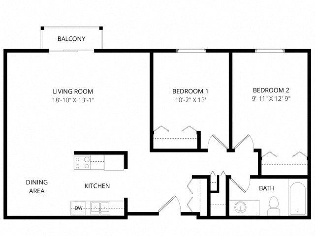 Floor plan for 2 beds, 1 bath, 996 sqft